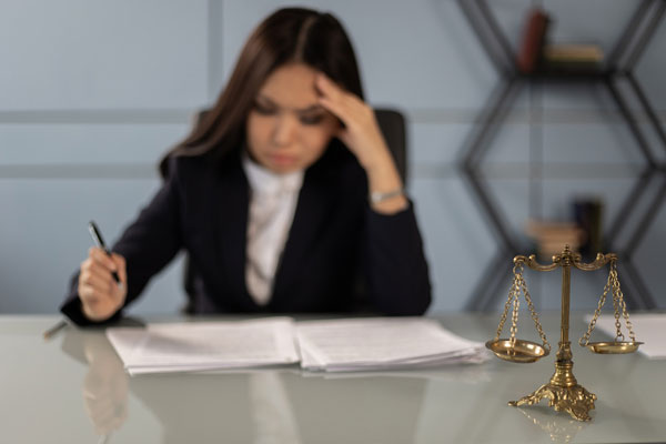 A woman holding her head and reading some papers